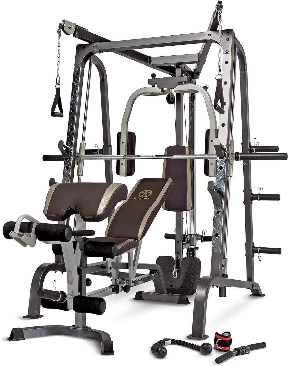 "Ultimate Home Gym System: Pro Smith Cage Workout Machine for Full Body Training with Leg Developer, Press Bar, Cable Crossovers, and Squat Rack in Stylish White"